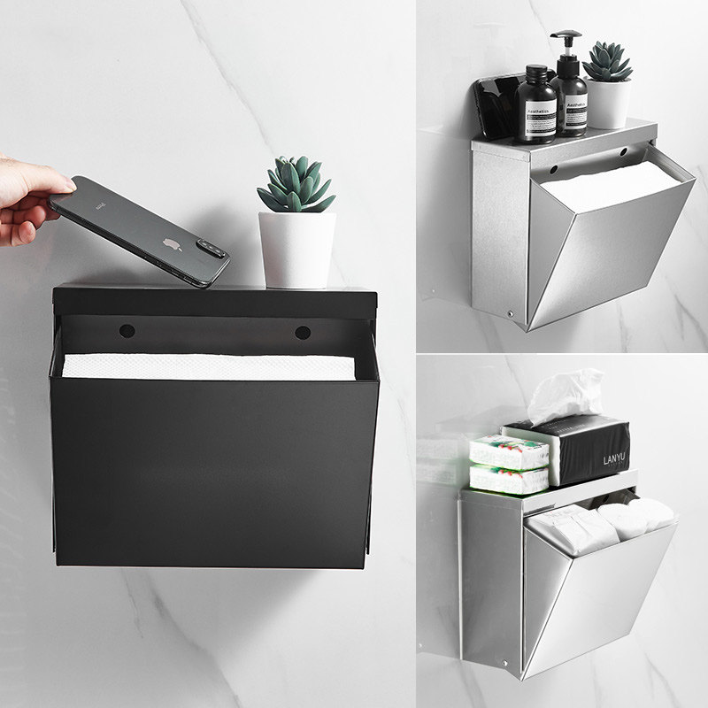 Square 304 stainless steel toilet paper box Wall-mounted non-perforated hotel powder room toilet tissue box Toilet paper holder