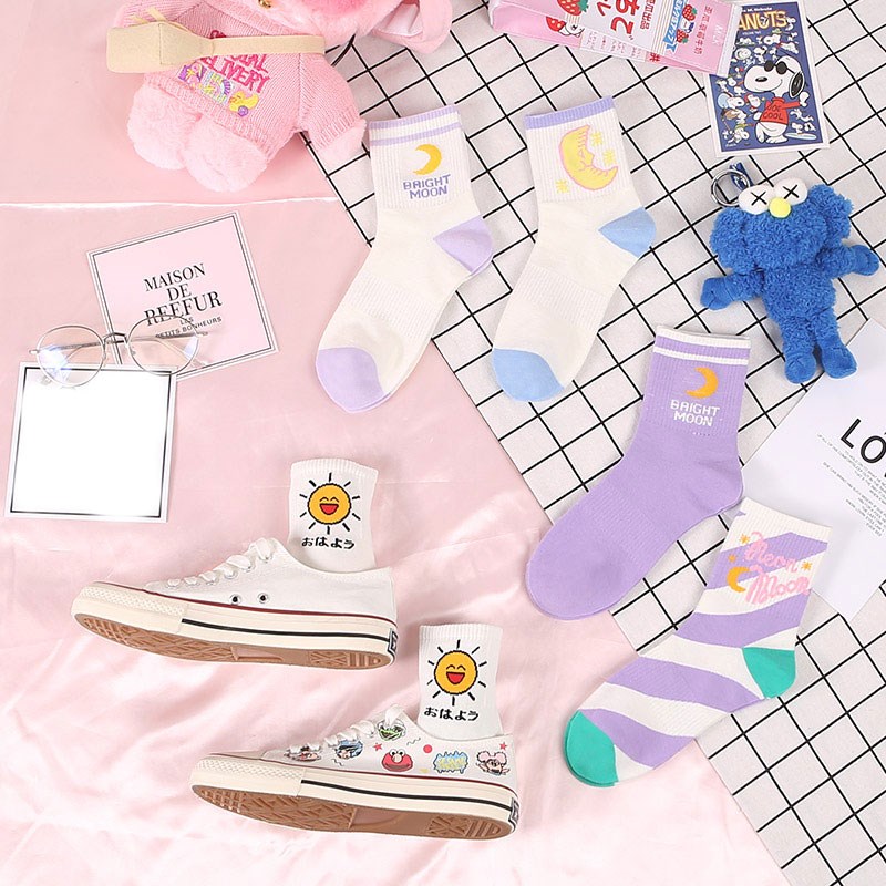 Socks female purple tube summer thin Joker Japanese personality College wind moon socks Korean version of strawberry socks