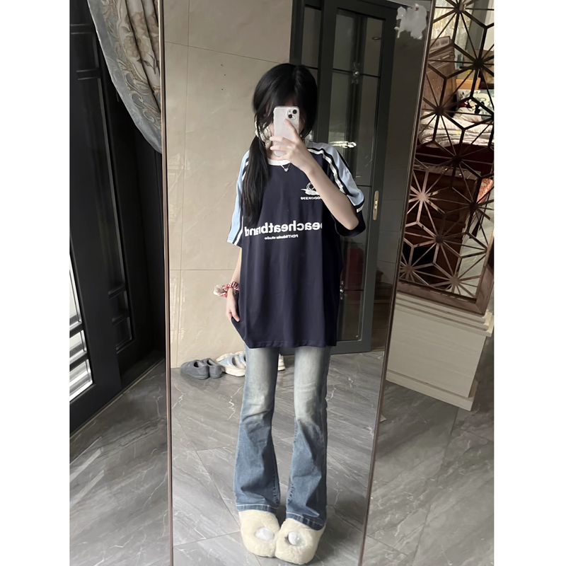 Three-Stripe American High Street Retro Navy Blue Patchwork Color-Block Short-Sleeve T-Shirt for Women, Raglan Sleeve Half-Sleeve Pure Cotton Top Trendy