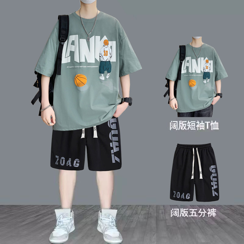 纯棉短袖男夏季新款宽松印花半袖体恤学生潮流百搭上衣T恤套装