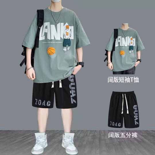 Handsome and versatile pure cotton short-sleeved T-shirt suit