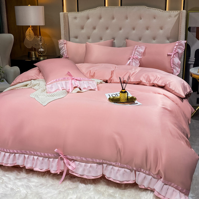 Charm Weiss pink ice silk four-piece silk slippery nude sleeping summer sheets European princess style cute washed girl heart