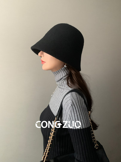 From Zuo wool one-piece fisherman hat women's winter basin hat shows face small new style woolen big head bucket hat