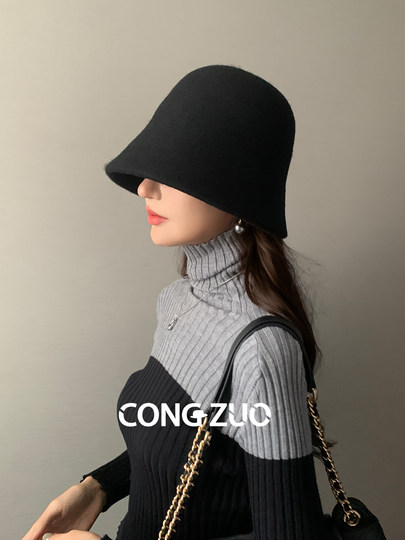 From Zuo wool one-piece fisherman hat women's winter basin hat shows face small new style woolen big head bucket hat