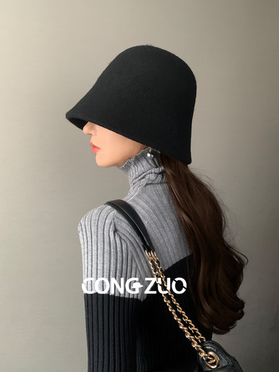 From Zuo wool one-piece fisherman hat women's winter basin hat shows face small new style woolen big head bucket hat