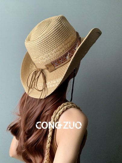 Designer-Strohhut im Ethno-Stil für Damen, Sommerurlaub, Cowboy-Strohhut, Sonnenschutz, Fischerhut, Sonnenhut