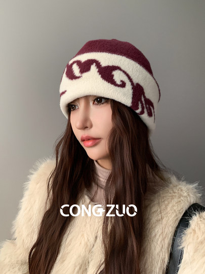 American cold hat for women in winter warm outdoor mountaineering Baotou hat showing face small woolen knitted hat pile Baotou hat