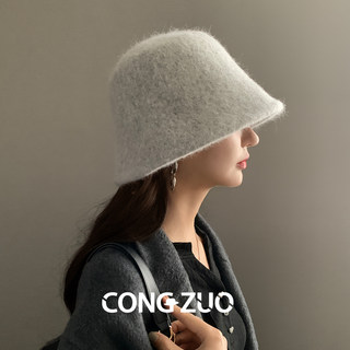 安哥拉兔毛帽子女冬季绵羊毛混纺渔夫帽新款显脸小盆帽保暖防寒帽