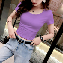  Purple top womens tight-fitting short ins trendy umbilical t-shirt round neck pure cotton leaky navel slim slim short-sleeved summer dress