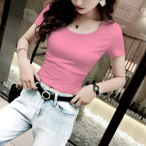  White short t-shirt female ins tide exposed umbilical short-sleeved tight round neck leaky navel t-shirt slim high-waisted pink top