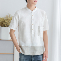 Summer linen short sleeve shirt mens Japanese trend contrast color breathable loose casual half-sleeve cotton linen shirt