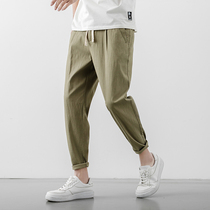 Linen casual pants mens quick-drying Ice Silk trend summer thin 9-point straight loose cotton linen long pants