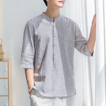 Linen short-sleeved casual T-shirt mens summer loose 7-quarter sleeve stand-up collar clothes cotton and linen five and a half mid-sleeves