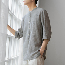 Summer short sleeve linen shirt mens trend casual top seven Half sleeve tide loose mid-sleeve cotton shirt