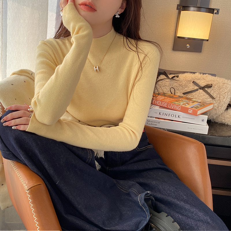 Yellow Sweater Autumn and Winter Women's Knitwear 2026 New Winter Half-High Collar Inner Layer Base Shirt Mid-Collar Wool Top