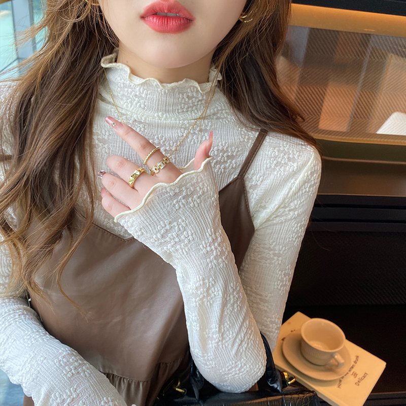 Lace Base Shirt for Women 2026 New Style Layered Top White Inner Wear Half-High Collar Autumn Fleece Ruffled Edge Blouse