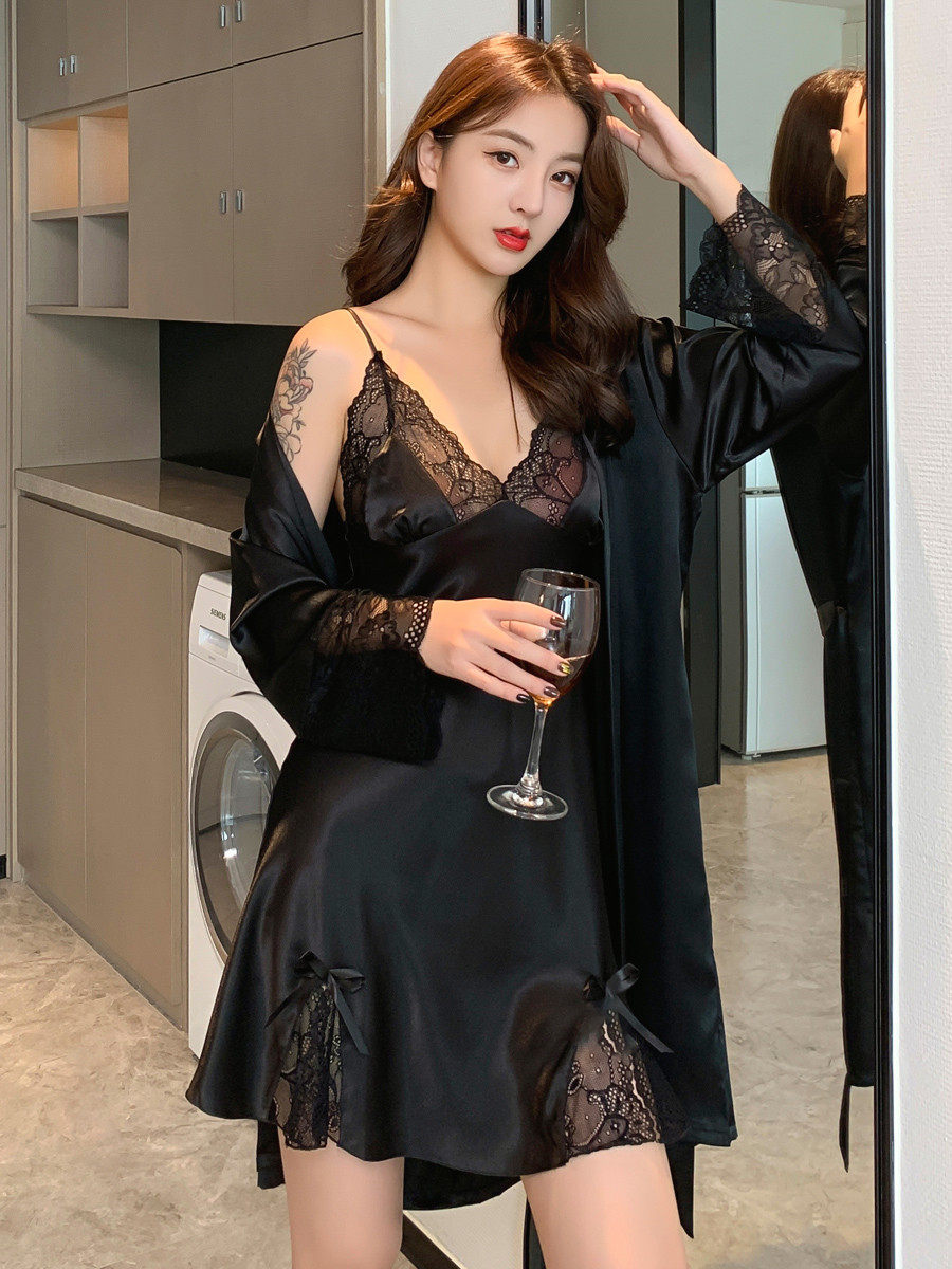 Pajamas women's summer sexy pure desire thin section lace beautiful back large size suspenders nightdress ice silk nightgown home service set