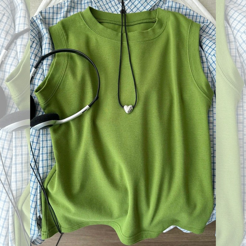 Avocado Green Sleeveless Vest for Women, Suitable for Layering in Summer, Spring, and Autumn, Simple Casual Round-Neck Tank Top, Trendy Avocado Green Sleeveless Vest for Women, Suitable for Layering in Summer, Spring, and Autumn, Simple Casual Round-Neck Tank Top, Trendy