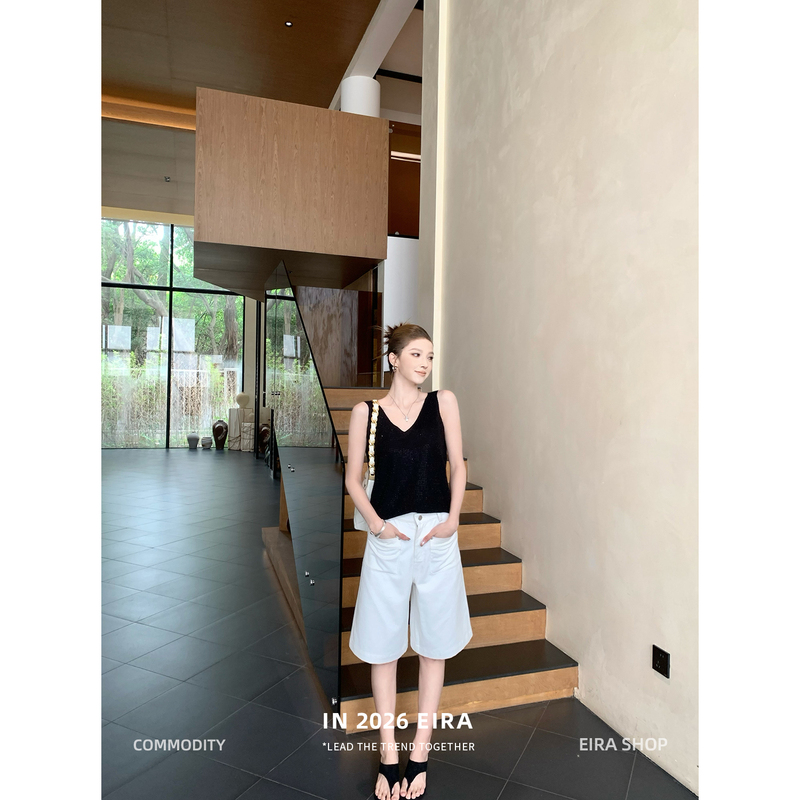 Jupiter Eira Casual Mid-Low Waist Straight-Leg Five-Point Shorts for Women, White Washed Cotton Shorts for Summer