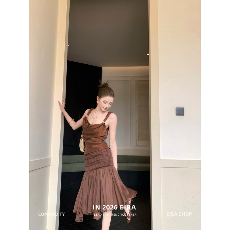 Jupiter Eira Caramel Ruched Chiffon Skirt with a Slightly See-Through Design, Low-Waisted Midi Skirt for Women with a Sense of Design