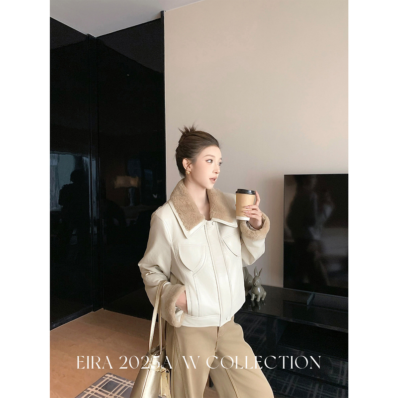 [Clearance Benefits] Plush Lapel Patchwork Pu Leather Jacket for Women, Winter Vintage High-End 90% Goose down Coat