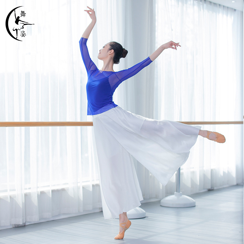 Chinese Modern Classical Dance Dress Rehearsical clothing Broadlegged Pants Suit Women Adult Web Yarn Clothes Body Art Examination Body Rhyme