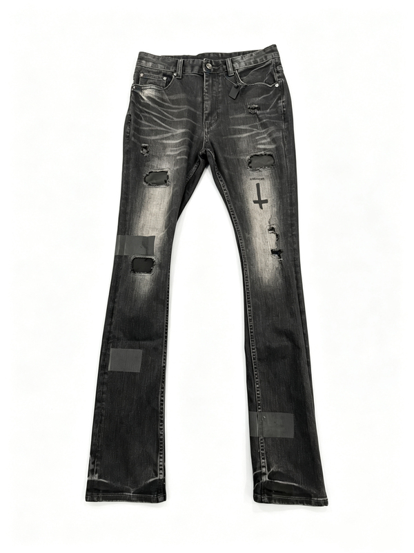 Lgb Black Inverted Cross Patchwork Distressed Washed Jeans