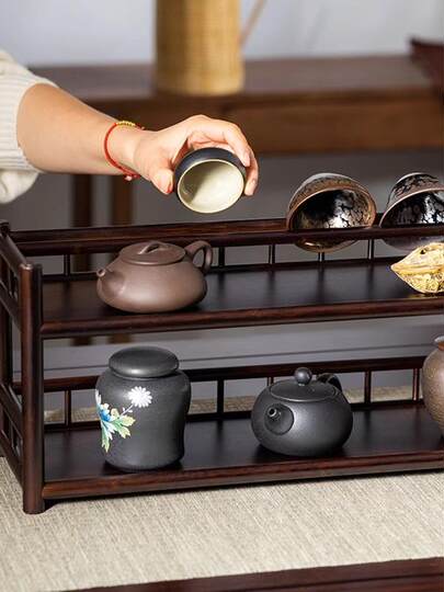 Light luxury double-layer drain rack retro storage rack household tea set cup storage rack pot rack tea table cup holder