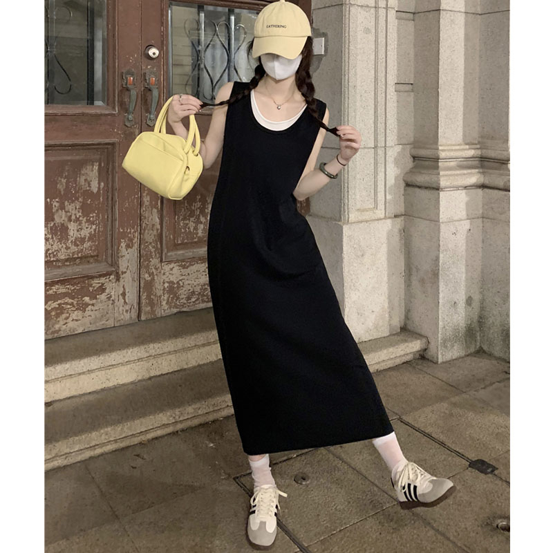 Pure Cotton Fake Two-Piece Color-Blocked Vest Dress for Women, Summer Black Loose Slimming Long Sleeveless Camisole T-Shirt Dress