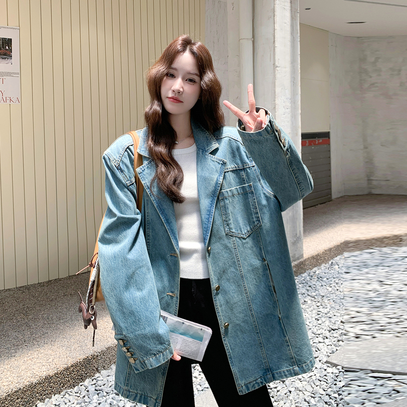 Blue Retro Denim Blazer for Women, Petite Size, 2026 Spring New Korean Style Casual Design Suit