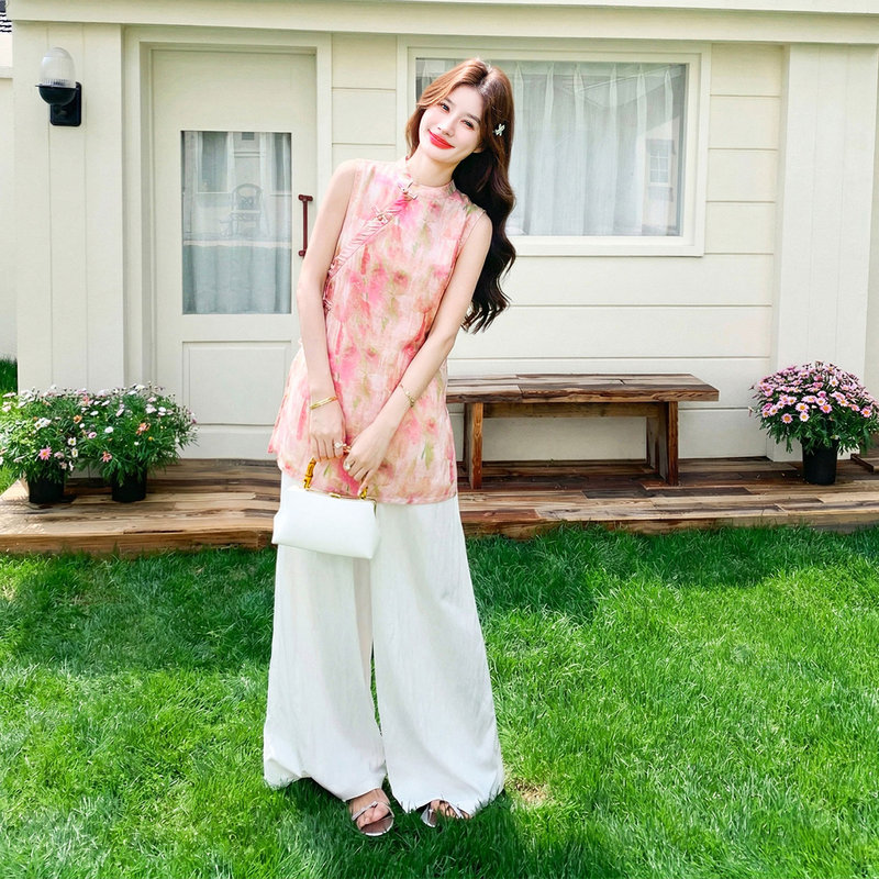 New Chinese-Style Sweet and Elegant Women's Outfit 2026 Summer New Gradient Print Vest and Wide-Leg Pants Two-Piece Set