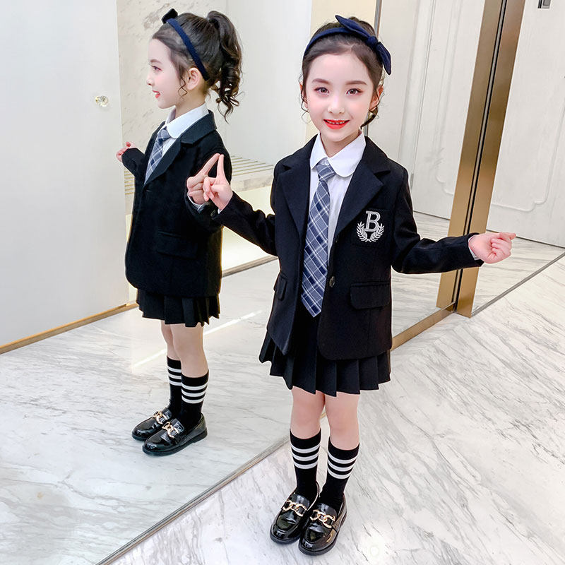 Girl Suit Jacket Spring Autumn 2022 New Children Foreign Pie Net Red Little West Suit Jk Academy Wind Two-style Suit Dress