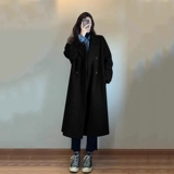 Черное длинное демисезонное небольшое шерстяное пальто, средней длины, подходит для подростков, свободный крой