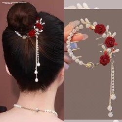 Elegant pearl red rose ball headband for women on the back of head, ແບບໂບຮານຫົວ tassel, ponytail buckle clip headdress