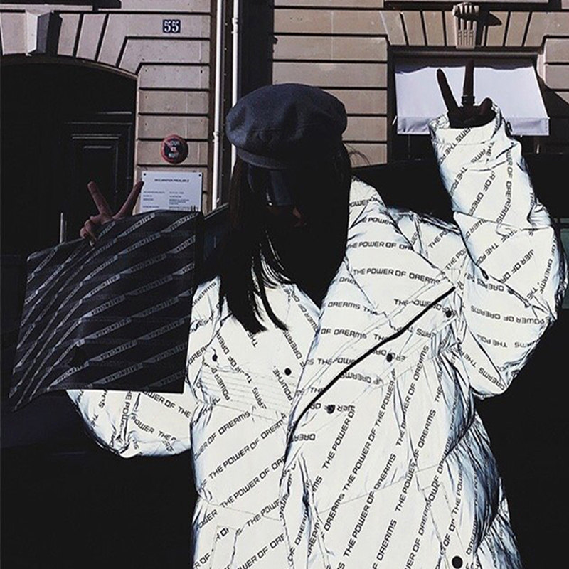 2021 Winter new letter printing reflective down cotton clothes female design sense minority couple thick national tide cotton coat