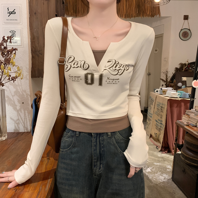 Fake Two-Piece V-Neck Long-Sleeve T-Shirt for Women, Spring 2026 New Stylish High-End Slim-Fit Short Base Layer Top Fake Two-Piece V-Neck Long-Sleeve T-Shirt for Women, Spring 2026 New Stylish High-End Slim-Fit Short Base Layer Top