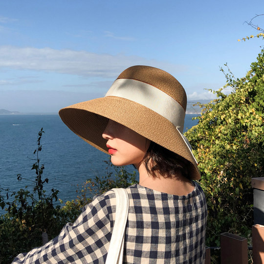 Mqvq Raffia Straw Hat for Women, Summer Beach Photo Shoot Sunshade and Sun Protection, ins Trendy Spring and Autumn Foldable Fisherman Hat