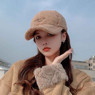 Mqvq Lamb Wool Duckbill Cap for Women, Winter 2026, Korean Style, Large Head Circumference, Thickened, Warm, Lettered Plush Baseball Cap