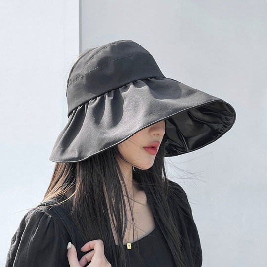 Black plastic sun hat for women in summer foldable uv anti-UV large brim sun hat empty top sun hat