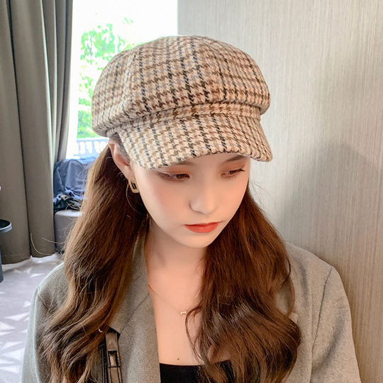 Mqvq Houndstooth Beret for Women, Winter Fashion Versatile Korean Style 2026 New British Retro Octagonal Hat