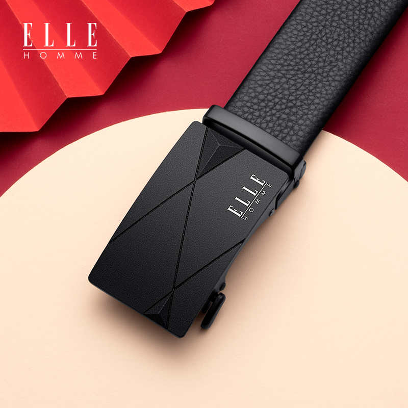 Elle HOMME men's belt in France - based Men's Belt - Men's Business Leather Automatic False Belt New Black Pure Buffalo Pants