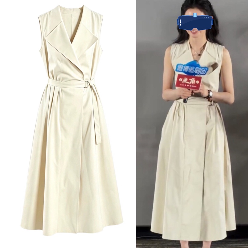 The Same Beige Workwear-Style Waist-Cinching Slimming Lapel Trench Coat Dress for Women as Worn by the Protagonist Hao Cun, Summer Sleeveless Dress for Commuting The Same Beige Workwear-Style Waist-Cinching Slimming Lapel Trench Coat Dress for Women as Worn by the Protagonist Hao Cun, Summer Sleeveless Dress for Commuting