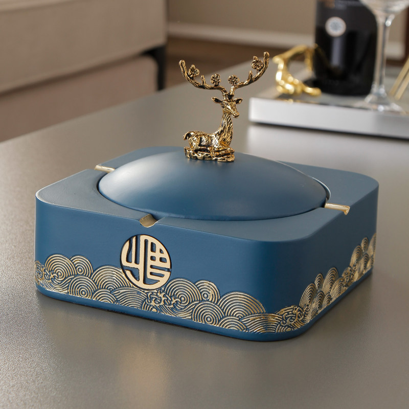 High-end ashtray with lid living room home trend creative decoration light luxury office anti-flying ashtray new Chinese style