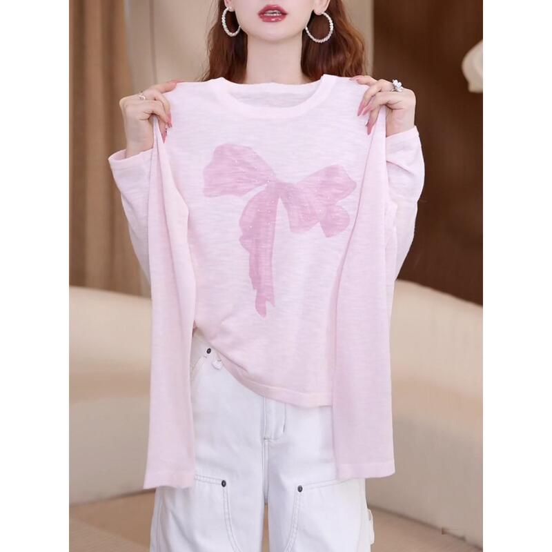 Bow Print Pink Knitted T-Shirt for Women, Summer Sun Protection Cover-Up, 2026 New Style, Age-Reducing, Versatile, Thin Top Bow Print Pink Knitted T-Shirt for Women, Summer Sun Protection Cover-Up, 2026 New Style, Age-Reducing, Versatile, Thin Top
