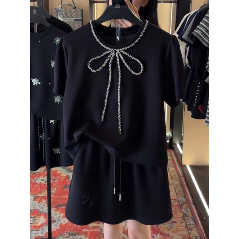 Fashionable Black Short-Sleeved T-Shirt Shorts Skirt Suit for Women 2025 Summer Heavy Industry Hot Diamond Loose Versatile Casual Two-Piece Set Fashionable Black Short-Sleeved T-Shirt Shorts Skirt Suit for Women 2025 Summer Heavy Industry Hot Diamond Loose Versatile Casual Two-Piece Set
