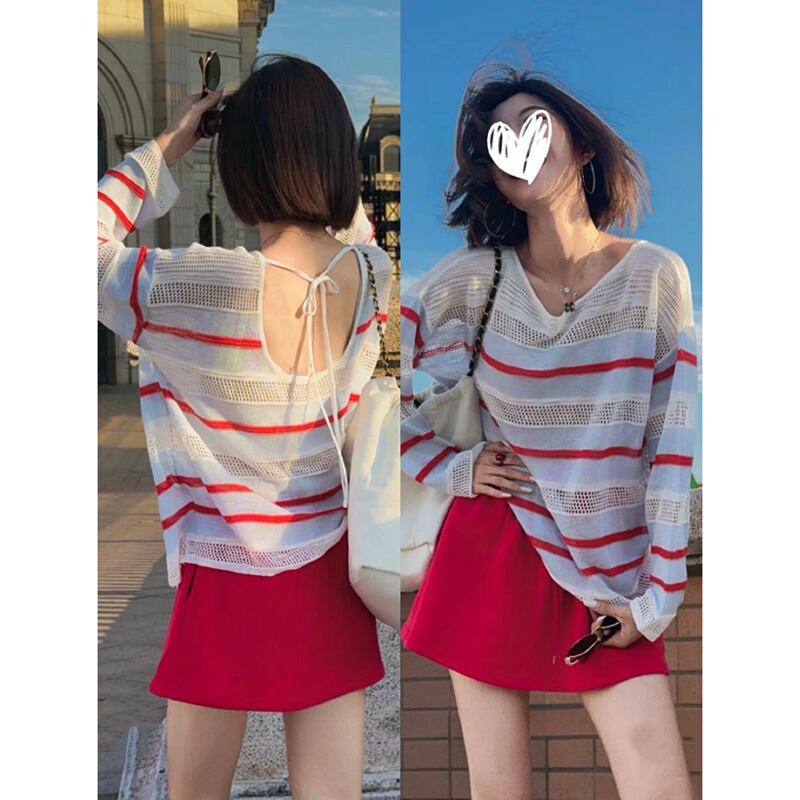 2026 Early Autumn Niche Design Color-Block Striped Hollow Long-Sleeve Sun-Protective Cover-Up with Back Tie T-Shirt Top for Women Trendy