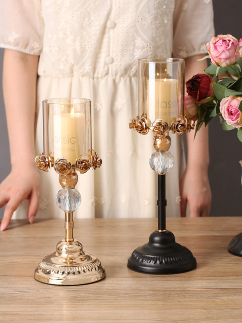 Light Luxury Ornaments, Antique-Style Metal Crystal Glass Rose Candle Holder, Tall European-Style Dining Table, Home Decoration Ornaments