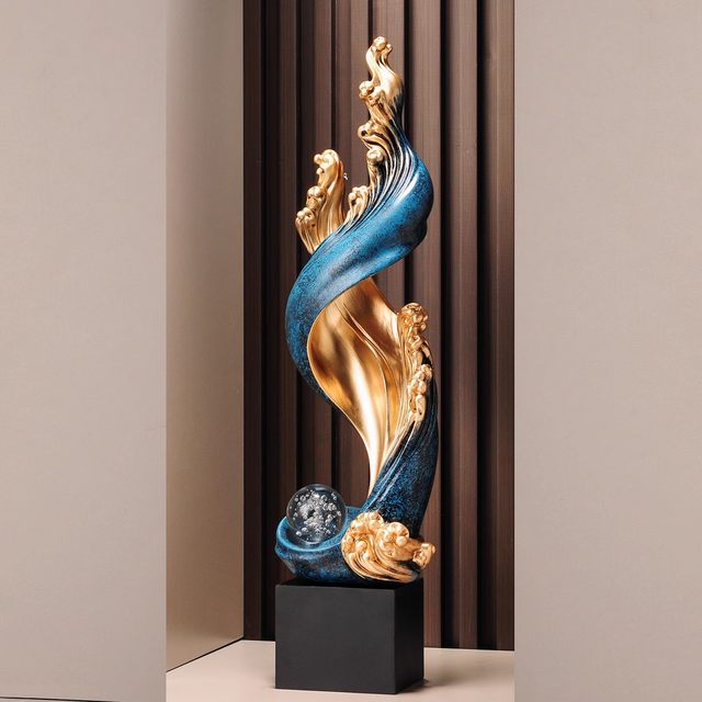 Light Luxury Decor Piece: Blue and Gold Wave Ornament for Entryway, Living Room, Wine Cabinet, Office, Housewarming Decoration Gift