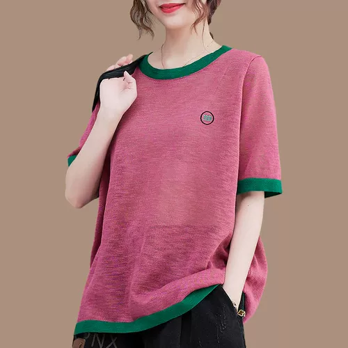 Летняя тонкая футболка для отдыха, короткий рукав, круглый воротник, в корейском стиле