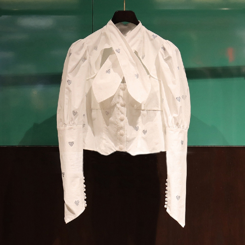 New French style white shirt woman design feeling small crowdshirt female spring autumn long sleeve lock bones machine foreign pie